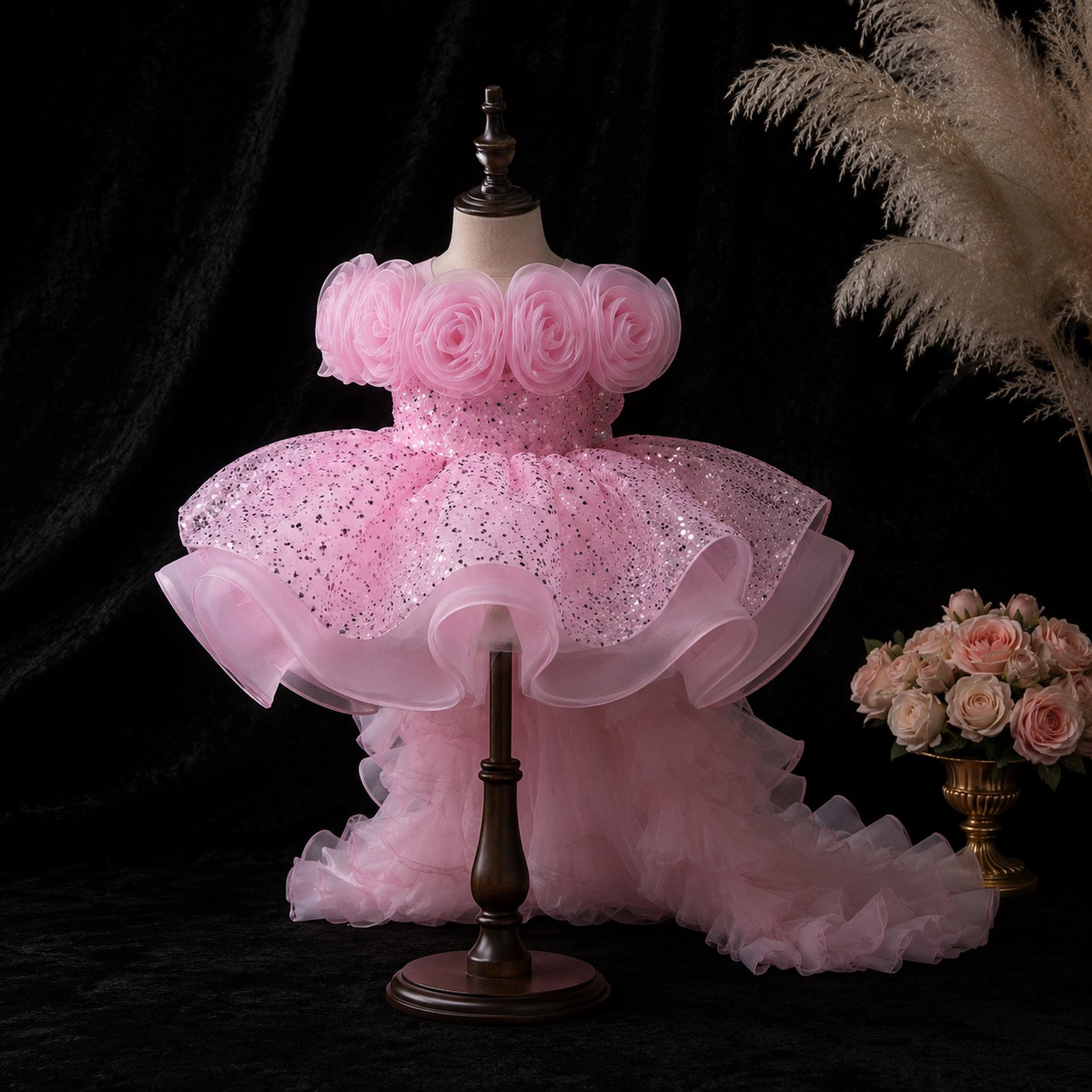 Girls Pink Rosette High-Low Party Dress with Glitter Tulle Train - Birthday, Pageant & Flower Girl