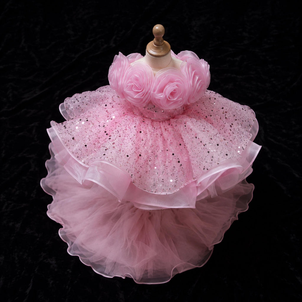 Girls Pink Rosette High-Low Party Dress with Glitter Tulle Train - Birthday, Pageant & Flower Girl