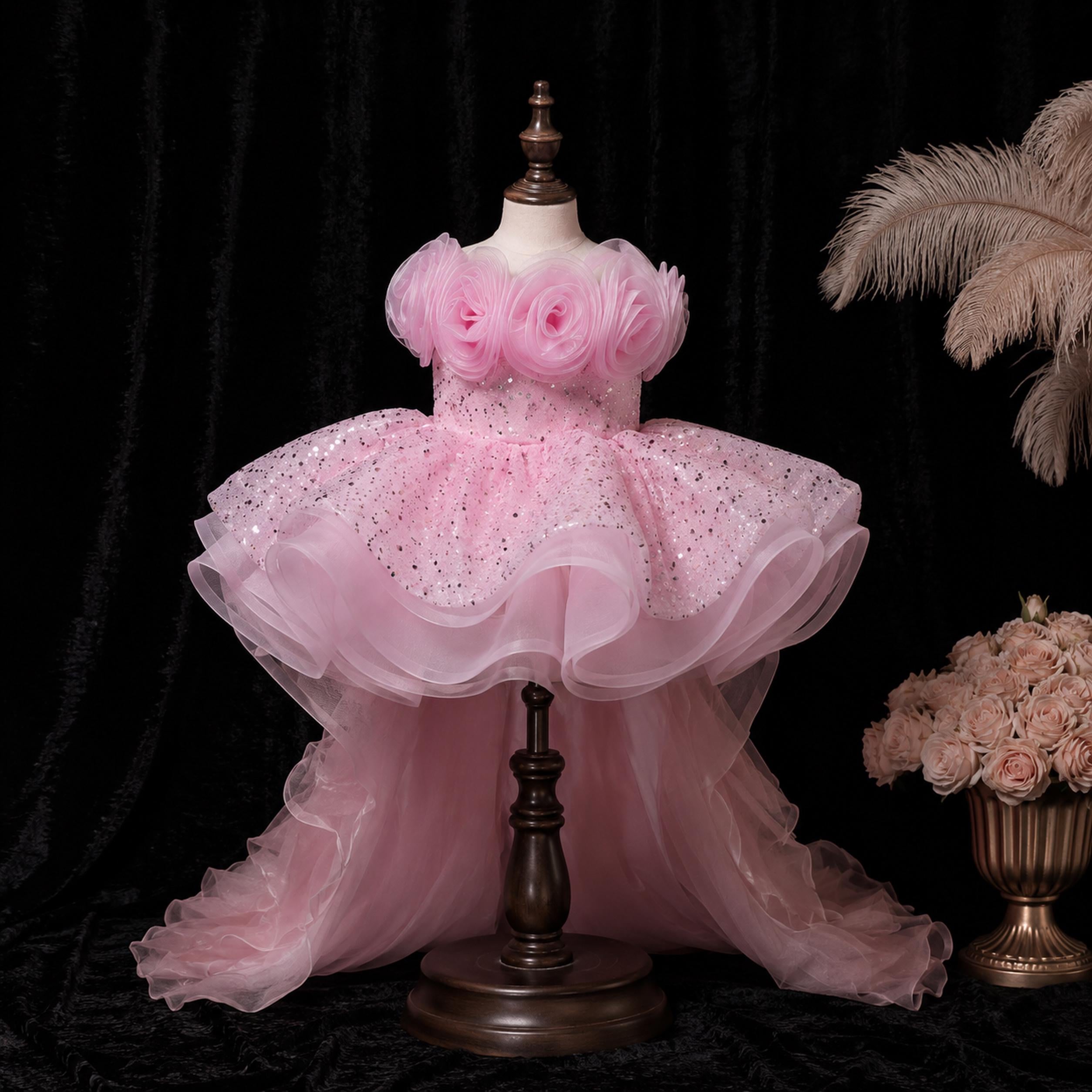 Girls Pink Rosette High-Low Party Dress with Glitter Tulle Train - Birthday, Pageant & Flower Girl