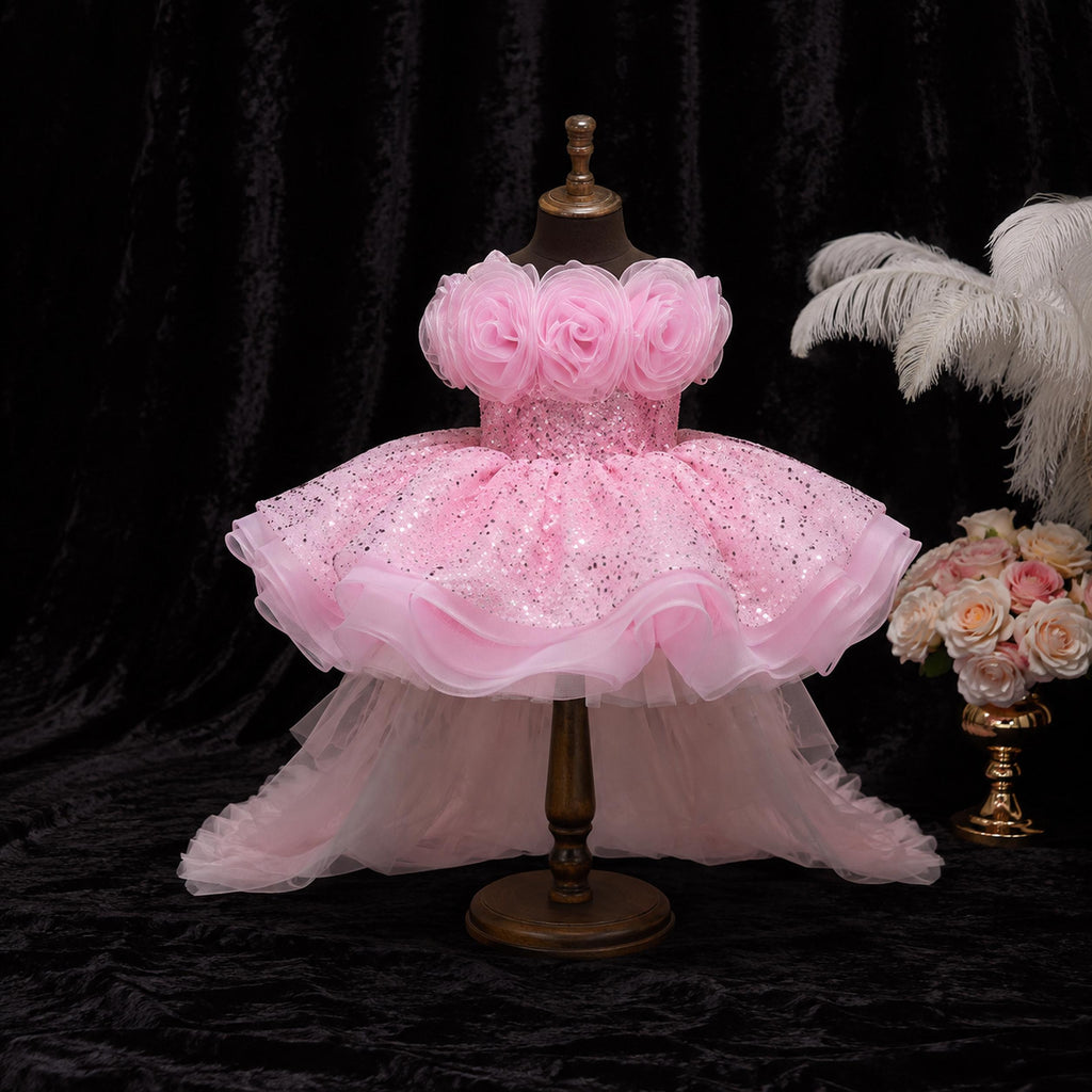 Girls Pink Rosette High-Low Party Dress with Glitter Tulle Train - Birthday, Pageant & Flower Girl