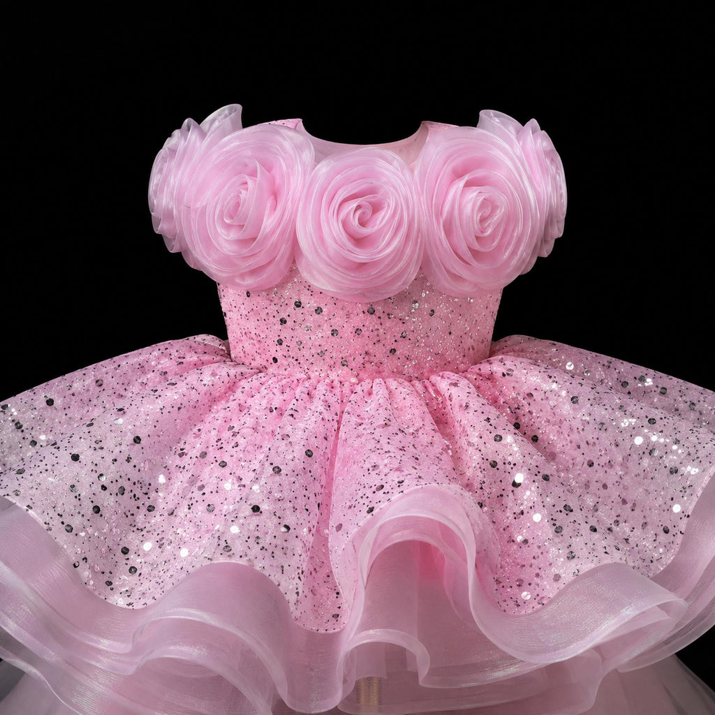 Girls Pink Rosette High-Low Party Dress with Glitter Tulle Train - Birthday, Pageant & Flower Girl