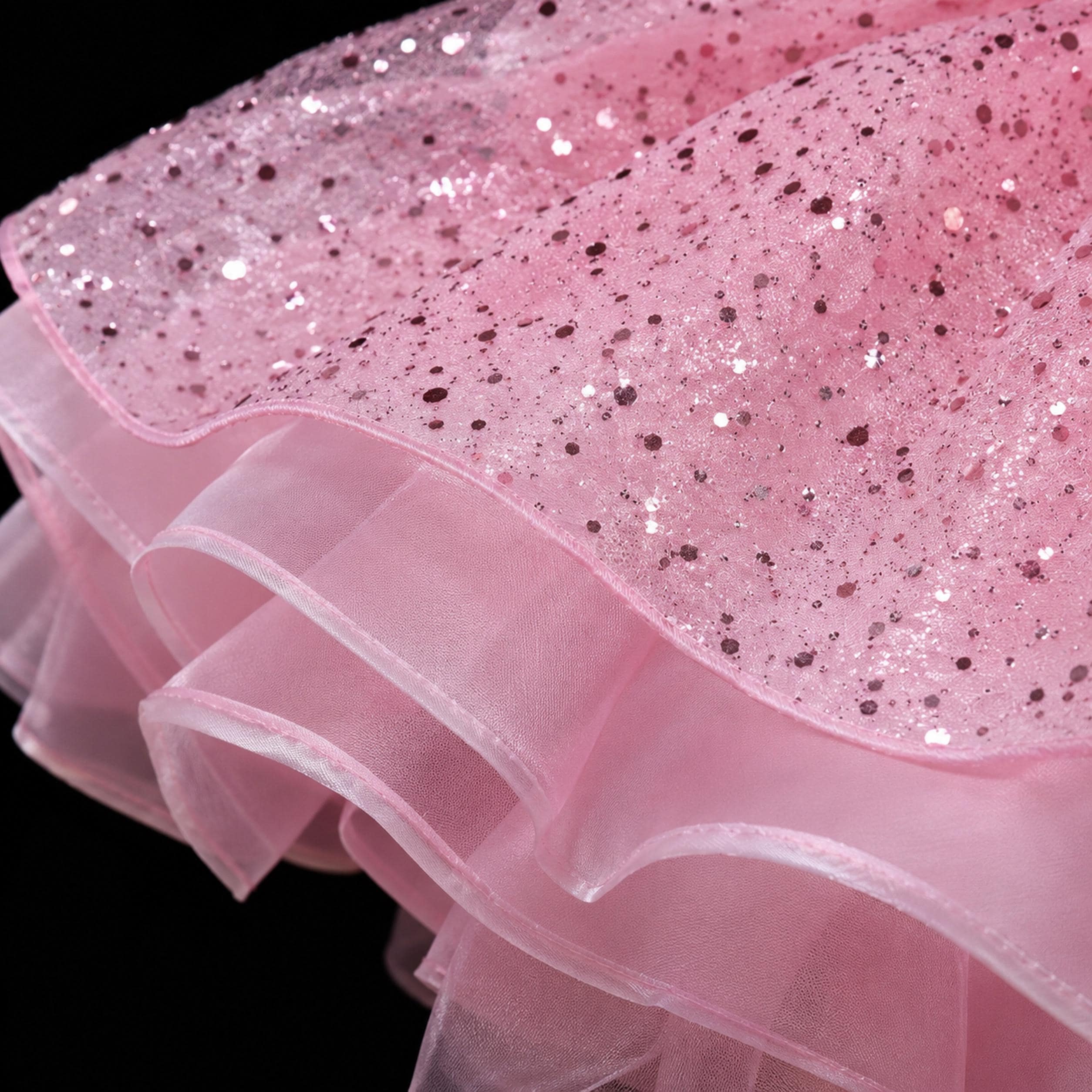 Girls Pink Rosette High-Low Party Dress with Glitter Tulle Train - Birthday, Pageant & Flower Girl
