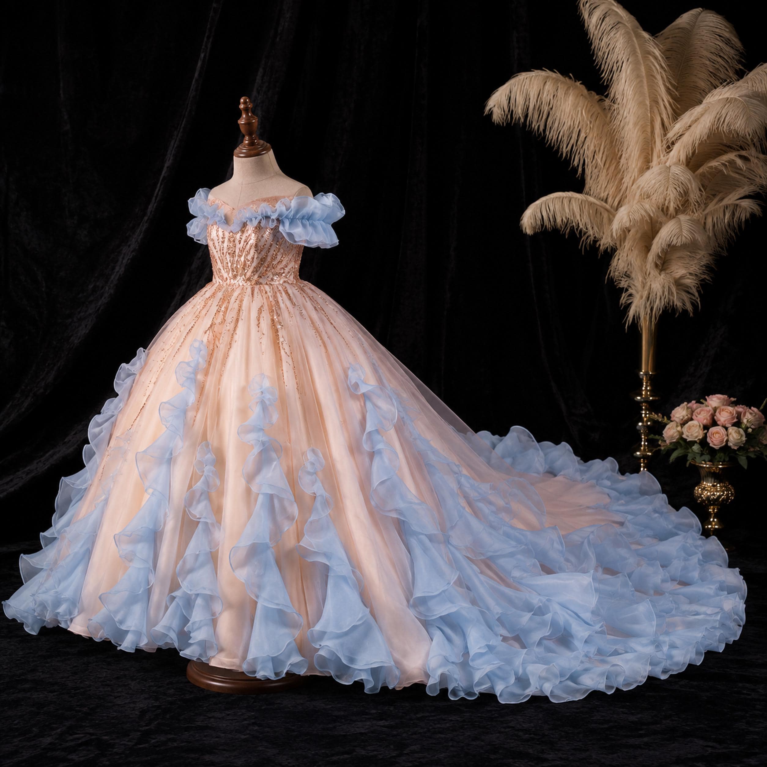 Girls Peach Rose-Gold Sequin Ball Gown with Powder Blue Ruffles - Pageant, Recital & Performance