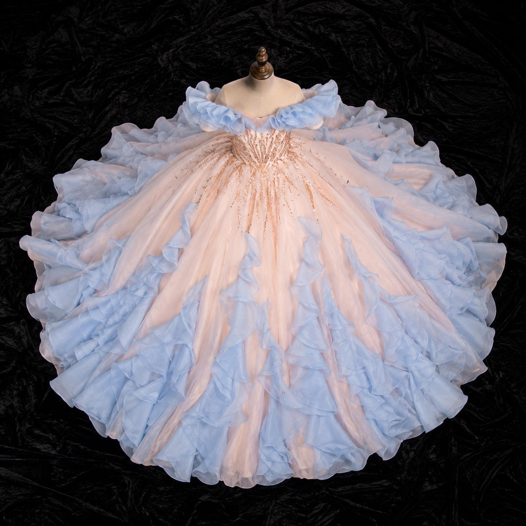 Girls Peach Rose-Gold Sequin Ball Gown with Powder Blue Ruffles - Pageant, Recital & Performance