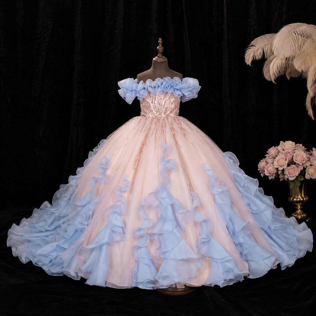 Girls Peach Rose-Gold Sequin Ball Gown with Powder Blue Ruffles - Pageant, Recital & Performance