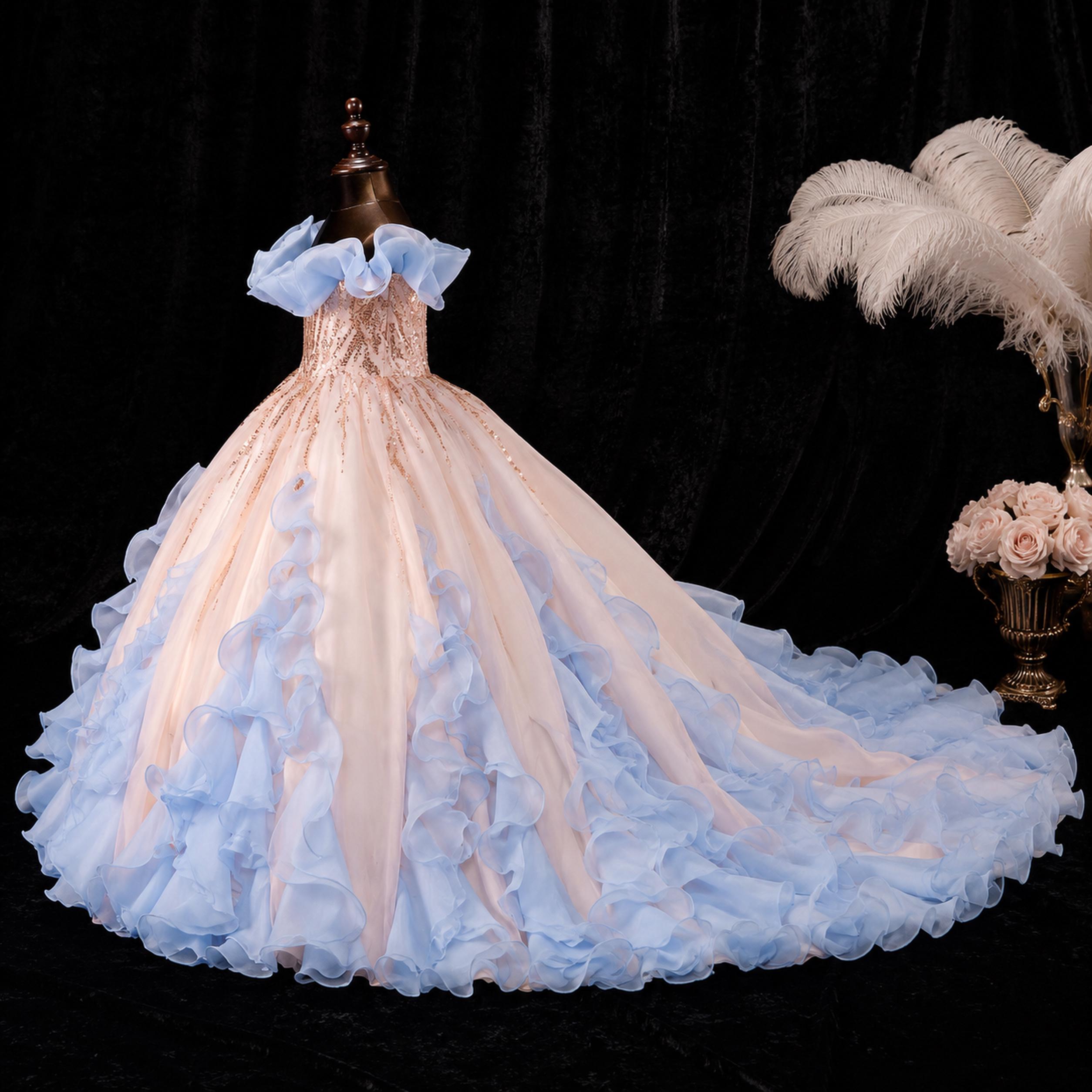 Girls Peach Rose-Gold Sequin Ball Gown with Powder Blue Ruffles - Pageant, Recital & Performance