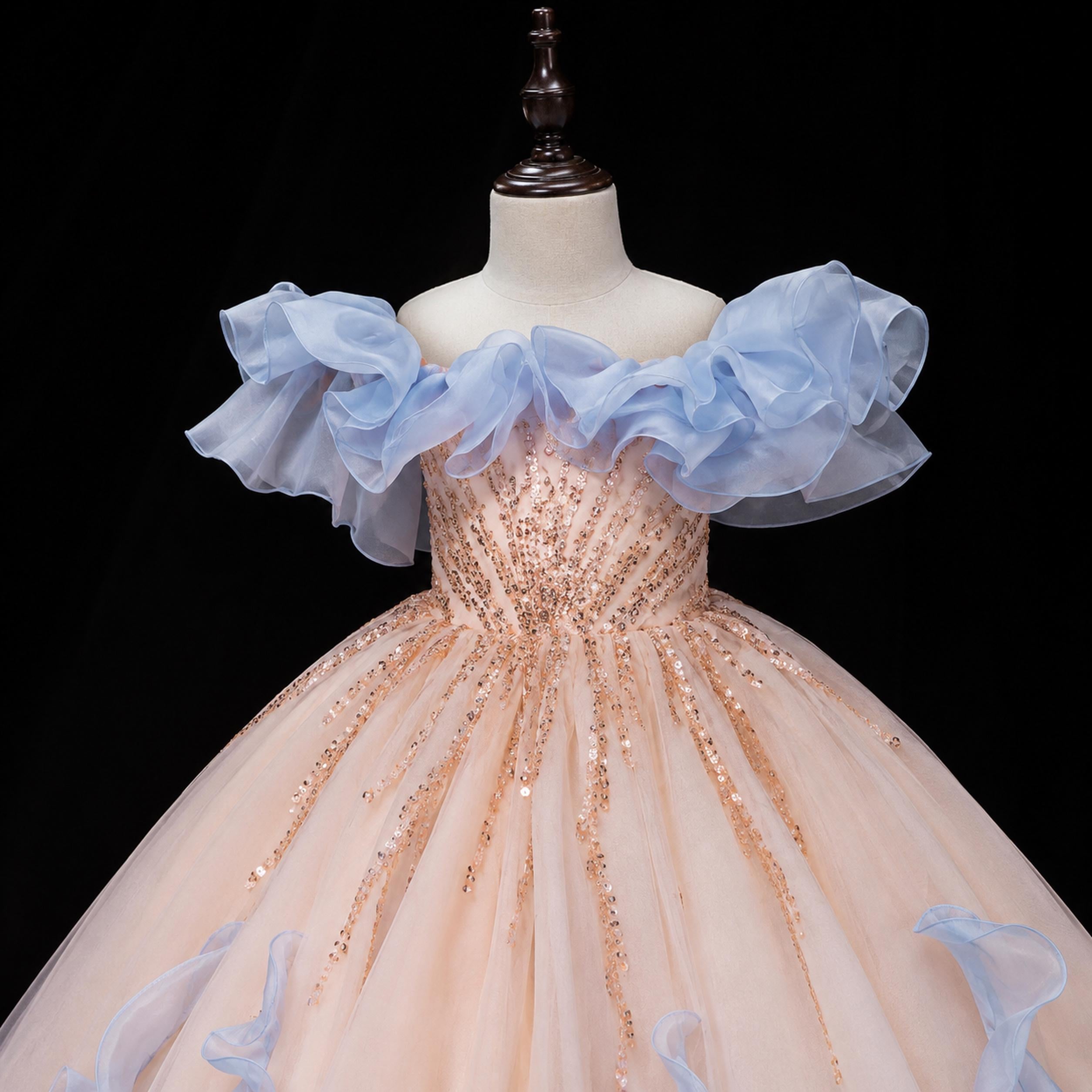 Girls Peach Rose-Gold Sequin Ball Gown with Powder Blue Ruffles - Pageant, Recital & Performance