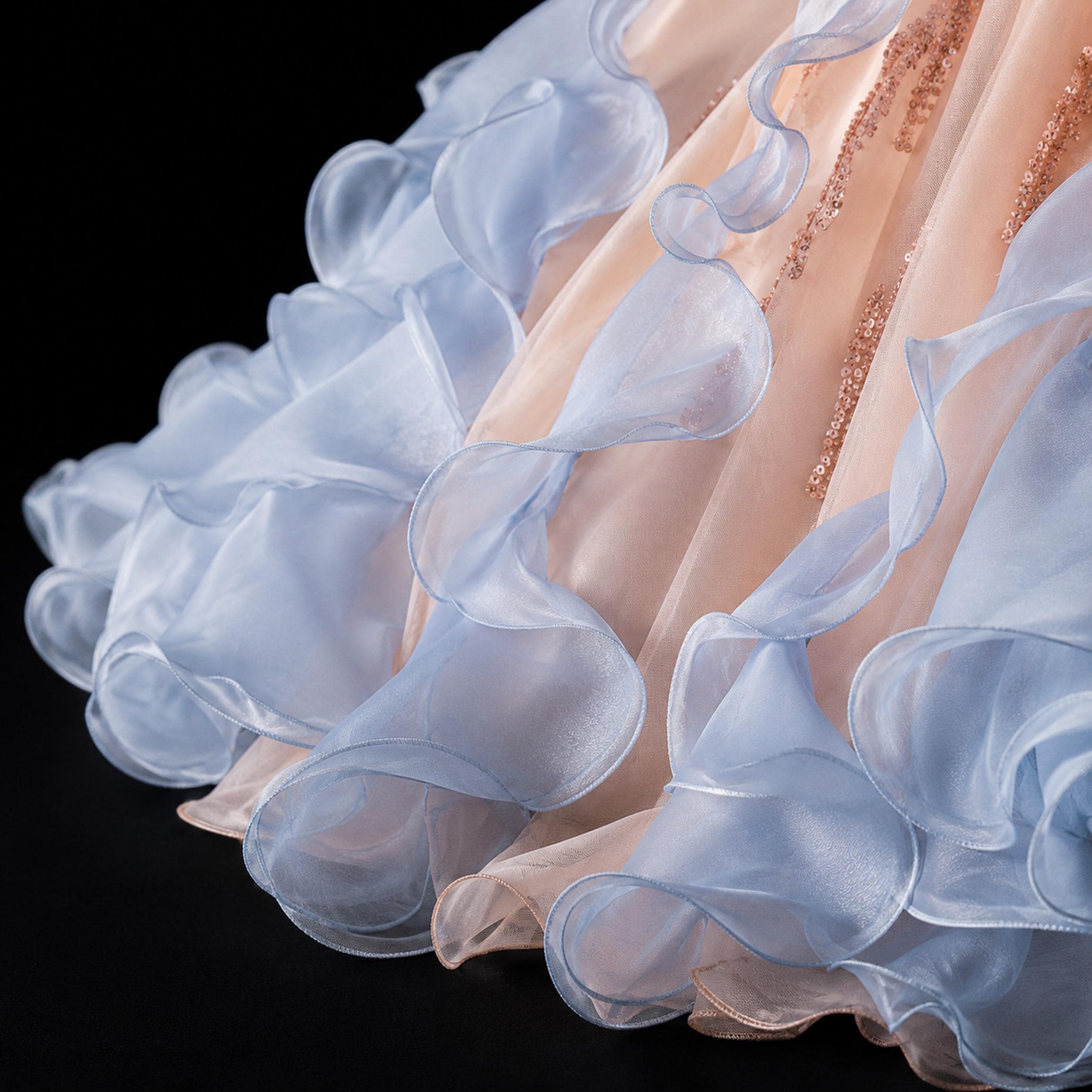 Girls Peach Rose-Gold Sequin Ball Gown with Powder Blue Ruffles - Pageant, Recital & Performance