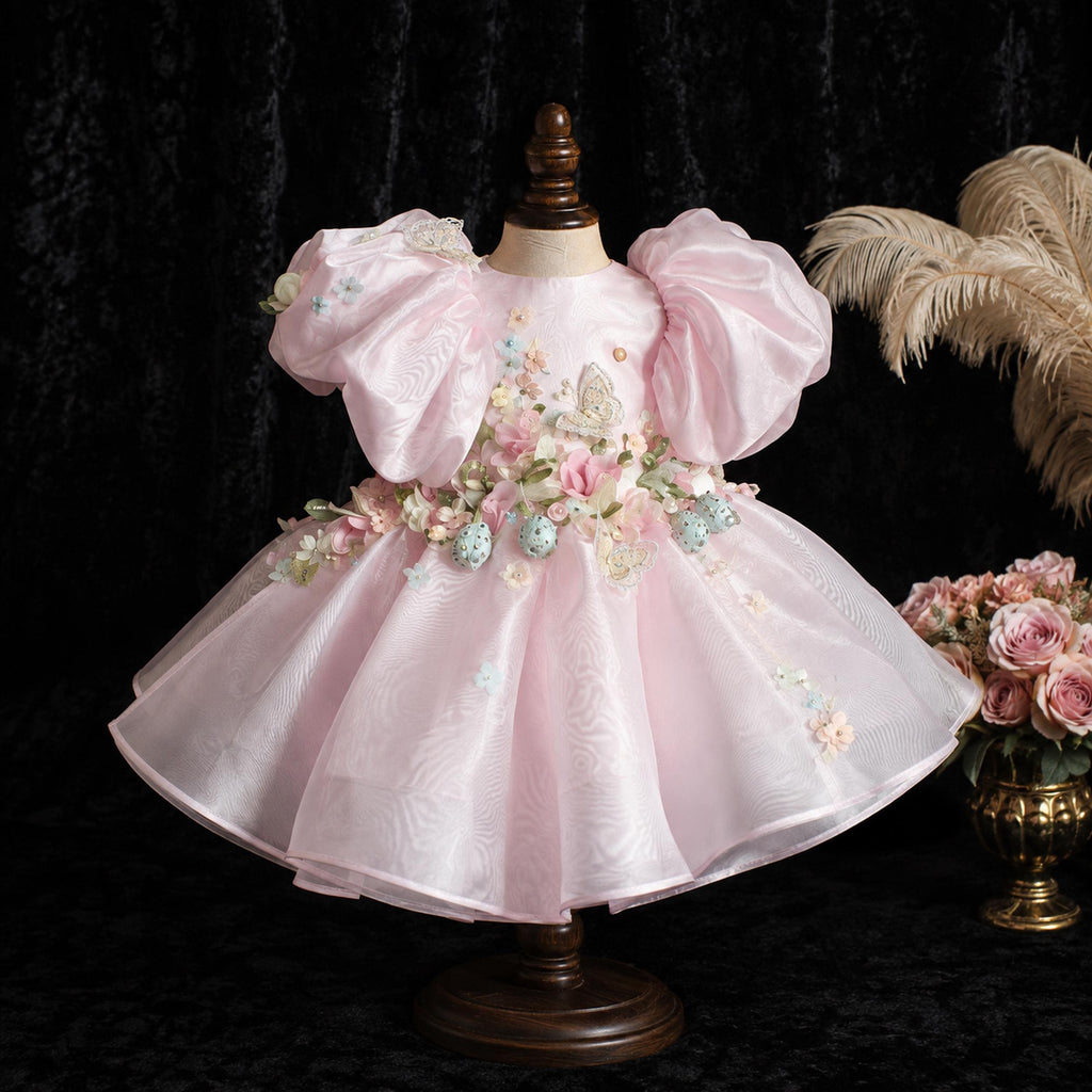 Girls Pink Organza 3D Flower Party Dress with Puff Sleeves - Flower Girl, Birthday & Pageant