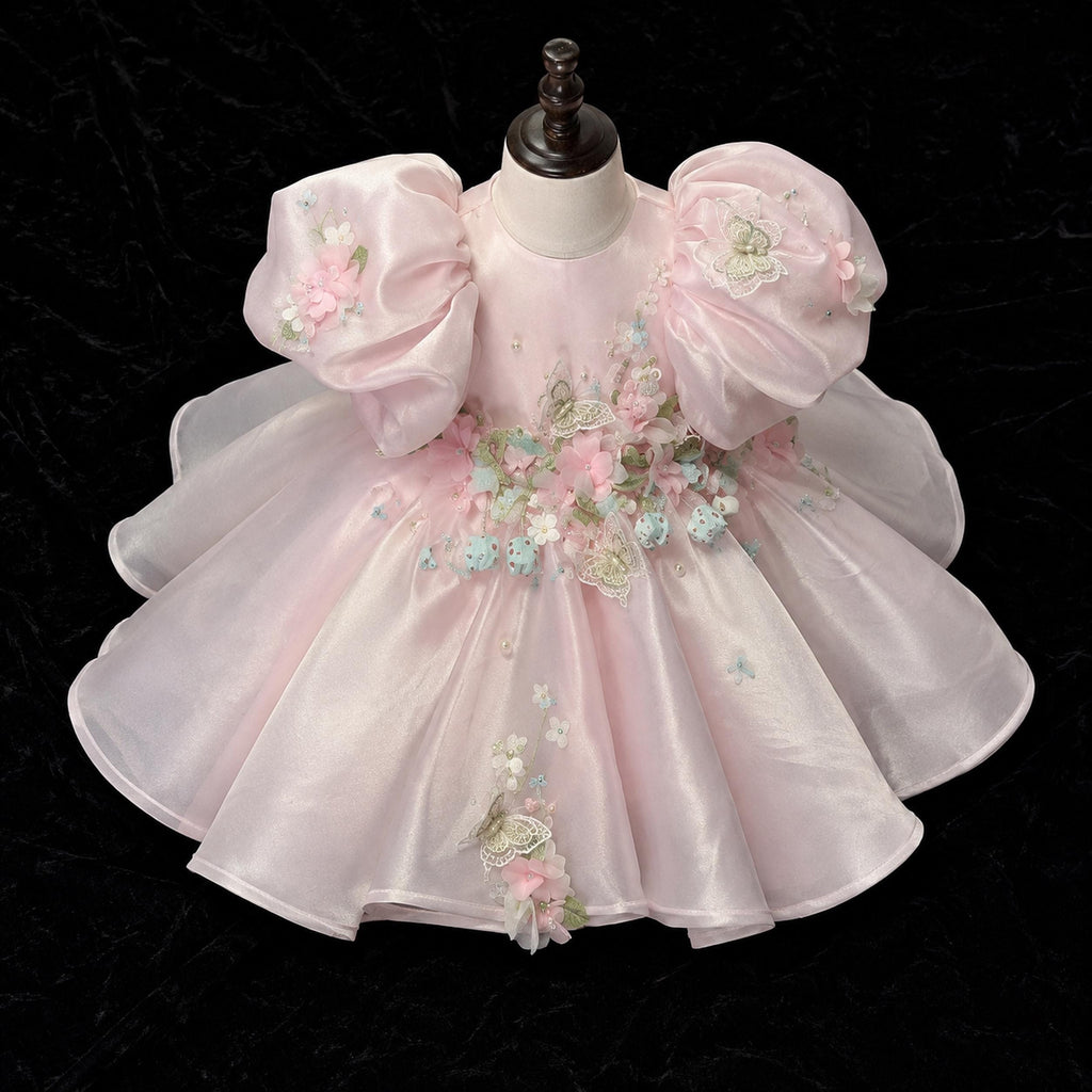 Girls Pink Organza 3D Flower Party Dress with Puff Sleeves - Flower Girl, Birthday & Pageant