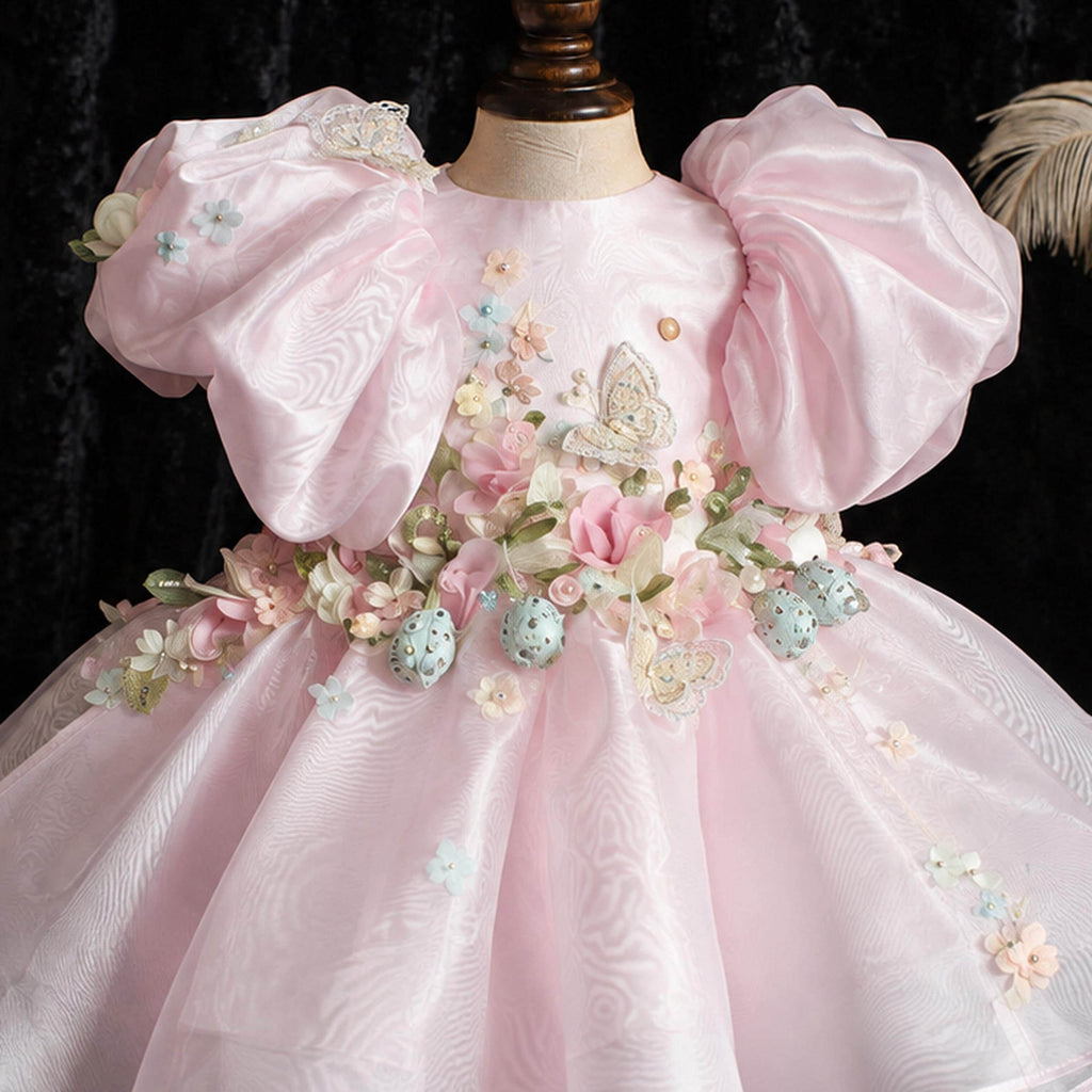 Girls Pink Organza 3D Flower Party Dress with Puff Sleeves - Flower Girl, Birthday & Pageant
