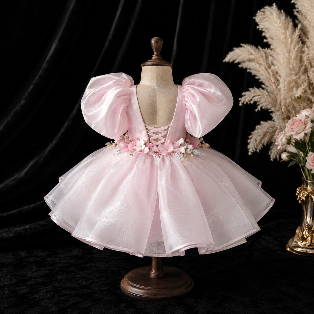 Girls Pink Organza 3D Flower Party Dress with Puff Sleeves - Flower Girl, Birthday & Pageant