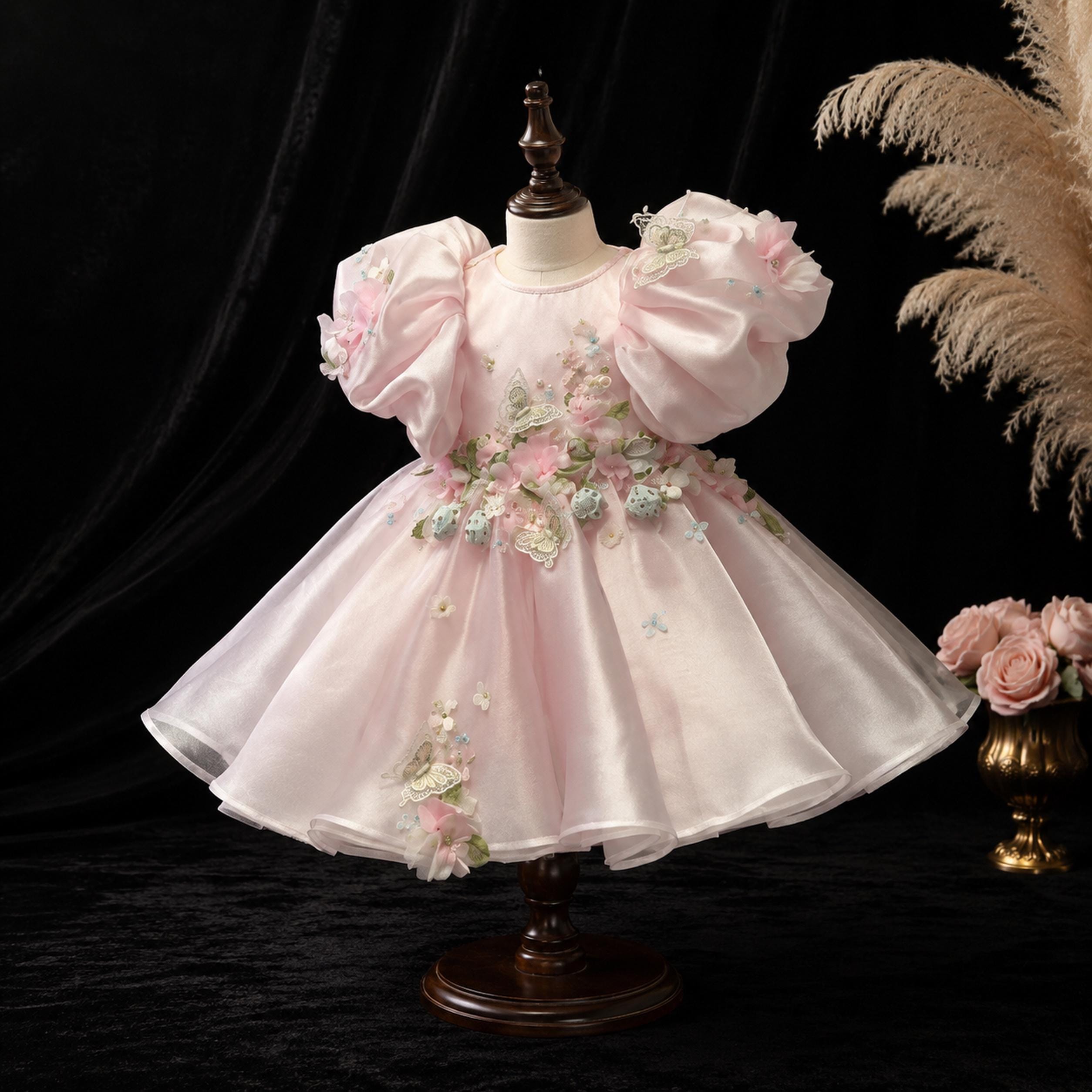 Girls Pink Organza 3D Flower Party Dress with Puff Sleeves - Flower Girl, Birthday & Pageant