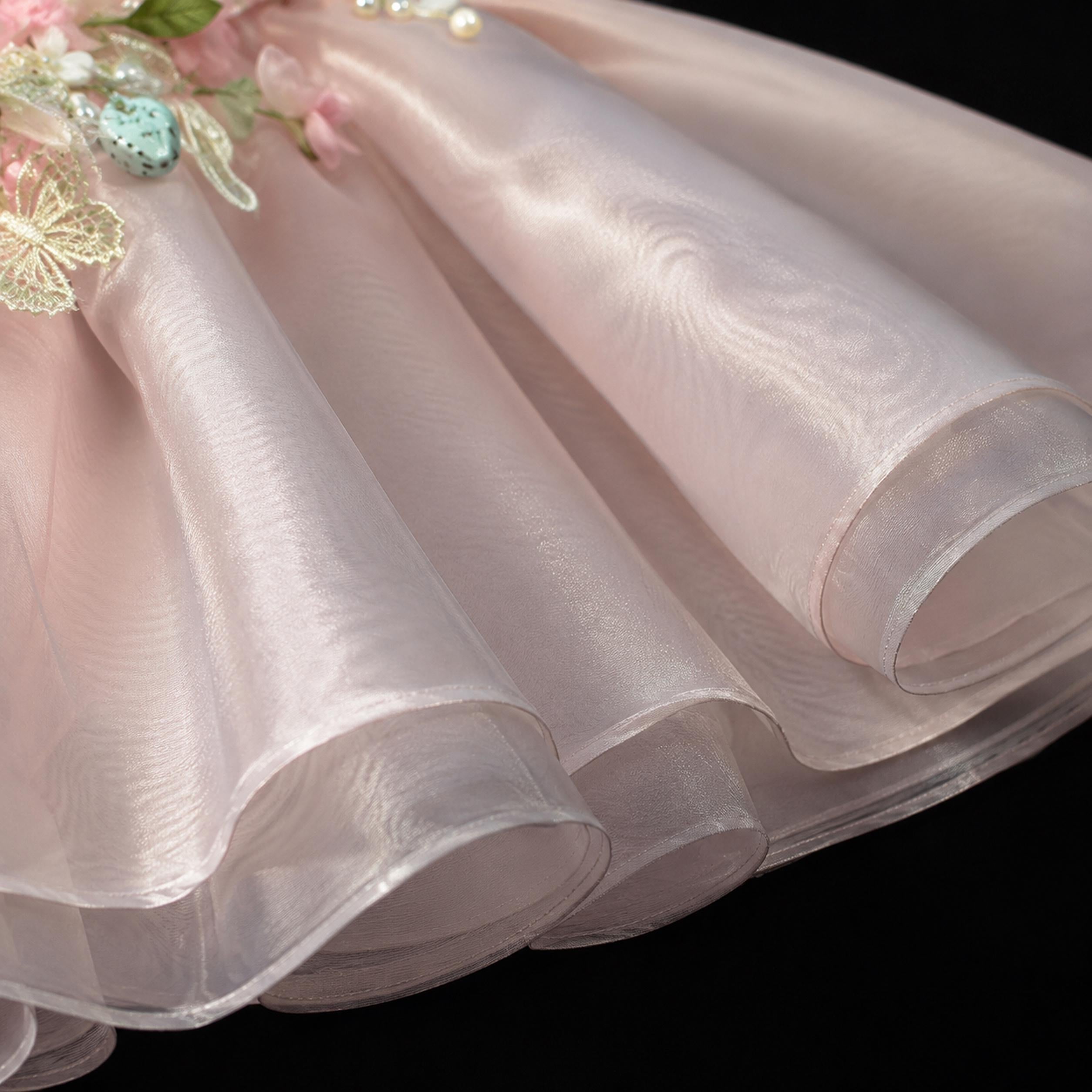Girls Pink Organza 3D Flower Party Dress with Puff Sleeves - Flower Girl, Birthday & Pageant