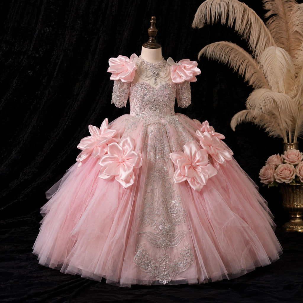 Girls Blush Pink Beaded Satin Petal Ball Gown - Pageant, Flower Girl & Formal Party