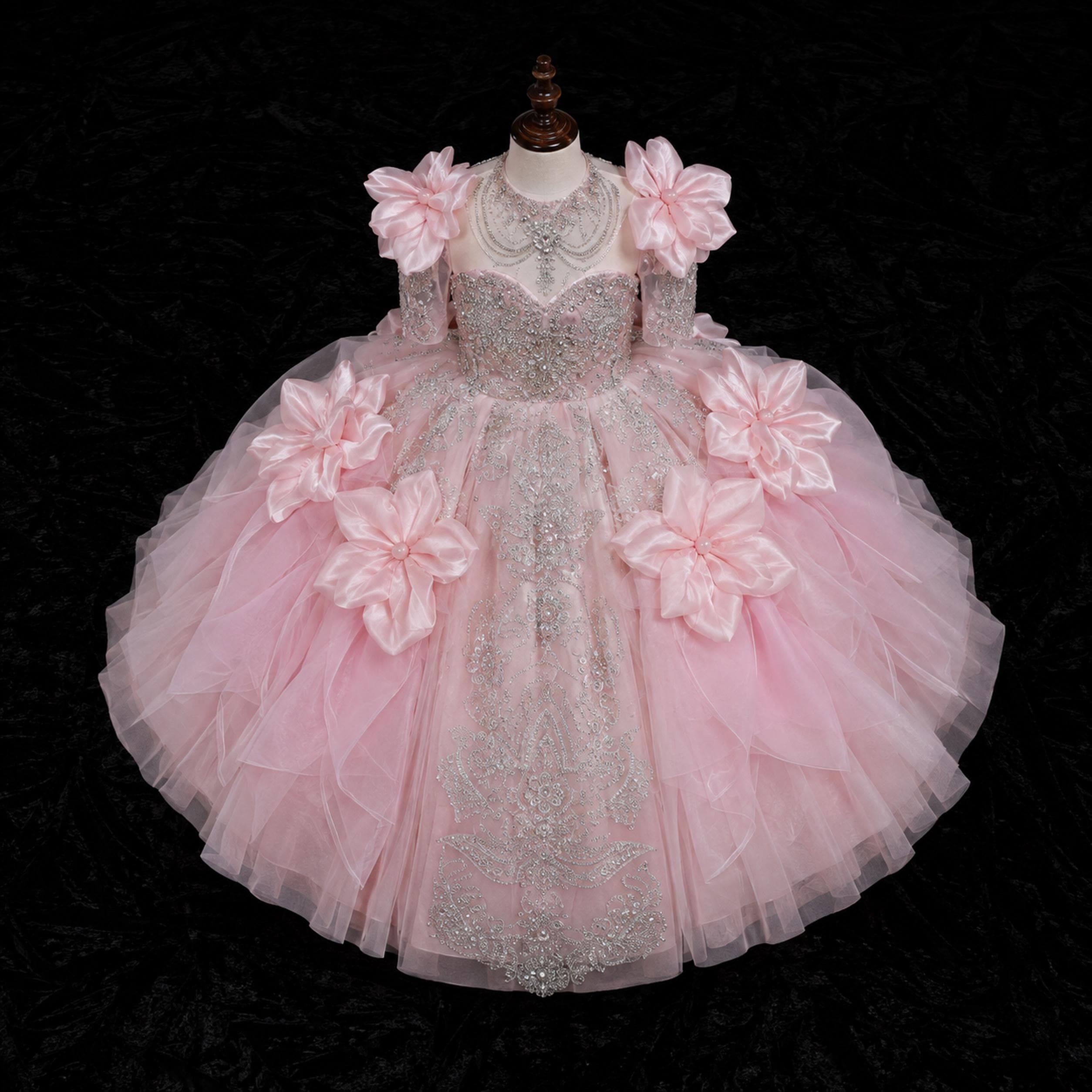 Girls Blush Pink Beaded Satin Petal Ball Gown - Pageant, Flower Girl & Formal Party