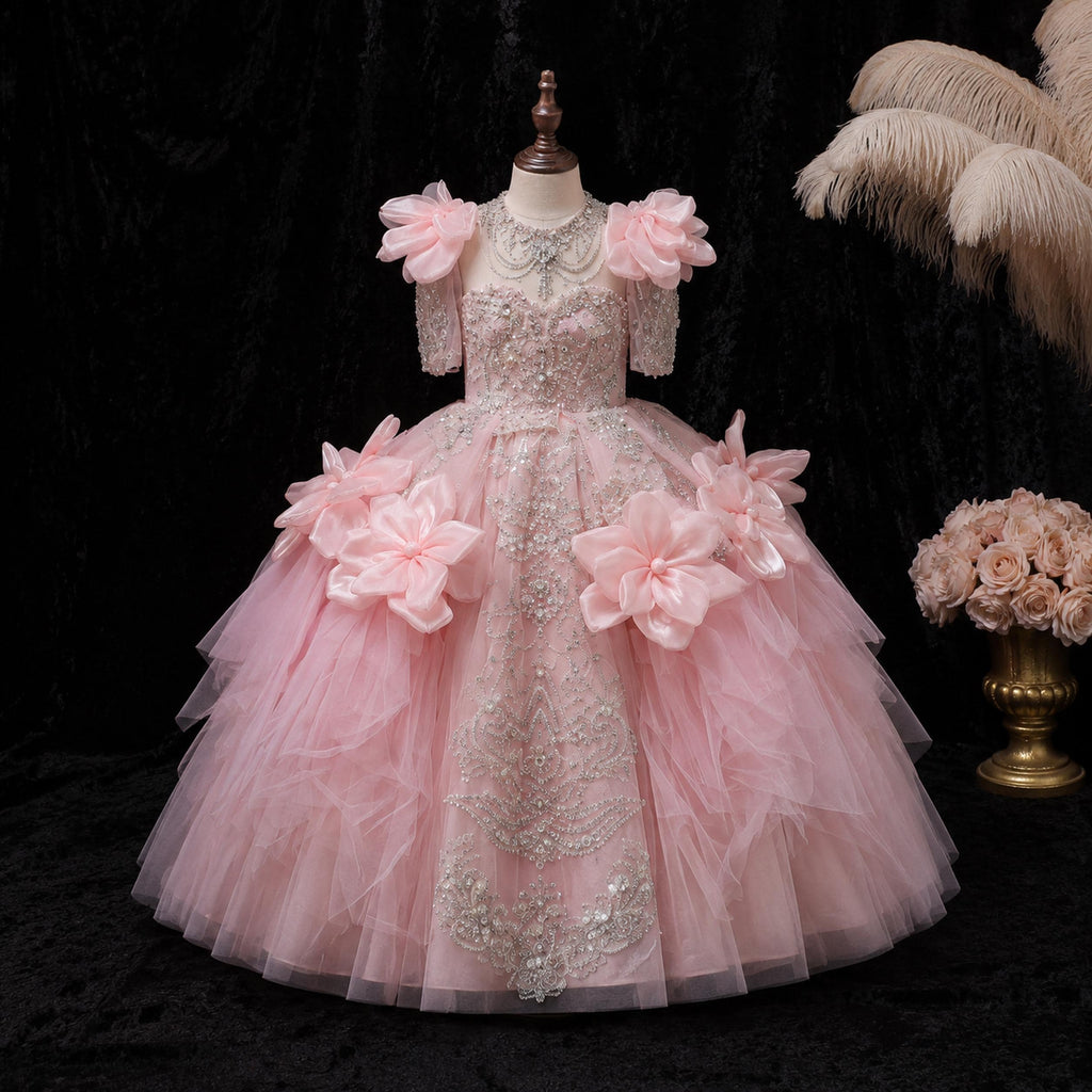 Girls Blush Pink Beaded Satin Petal Ball Gown - Pageant, Flower Girl & Formal Party