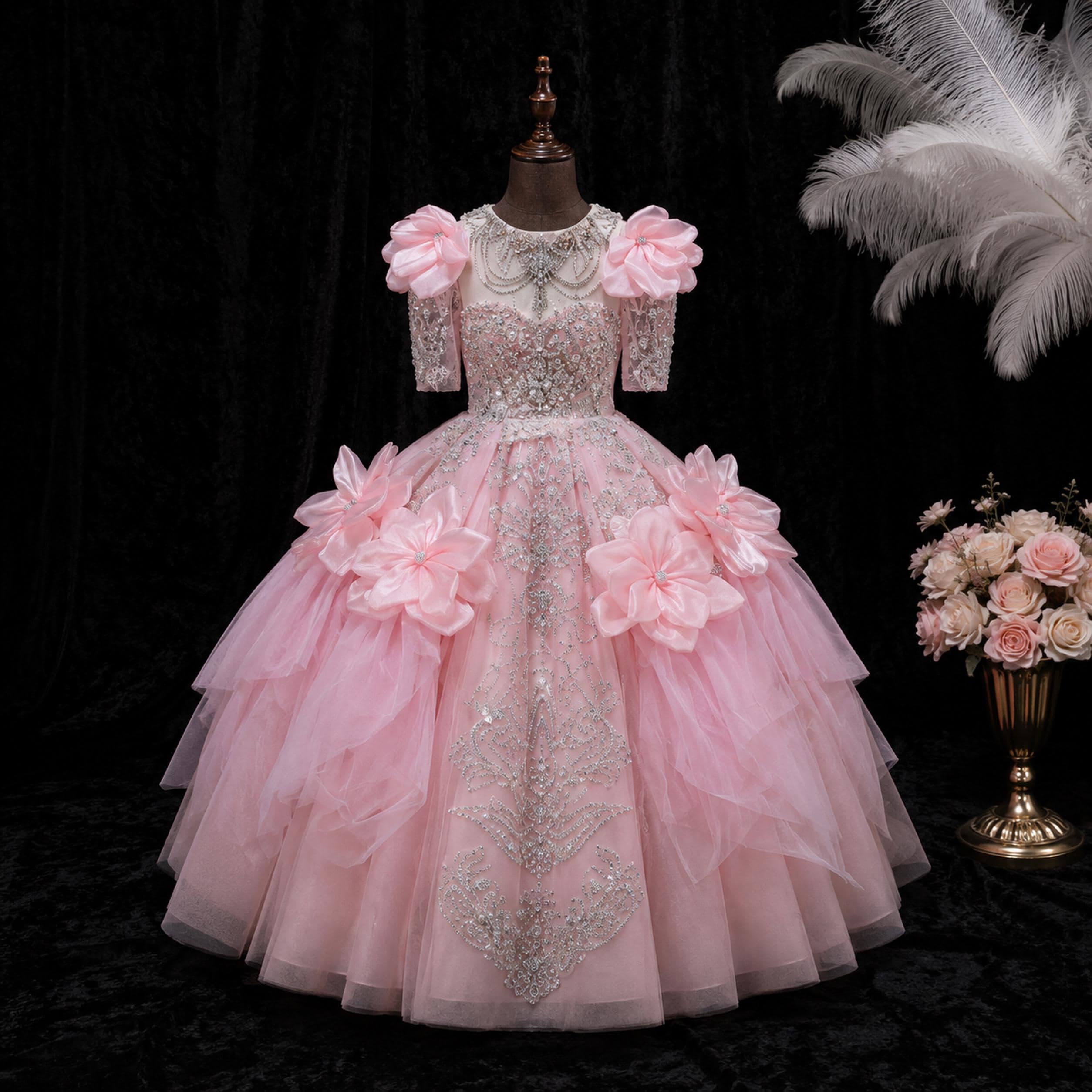 Girls Blush Pink Beaded Satin Petal Ball Gown - Pageant, Flower Girl & Formal Party