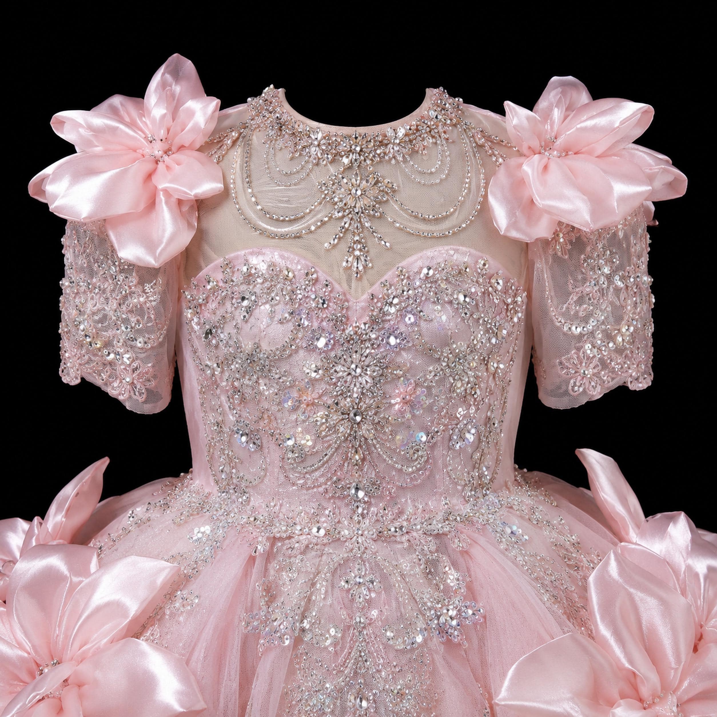 Girls Blush Pink Beaded Satin Petal Ball Gown - Pageant, Flower Girl & Formal Party