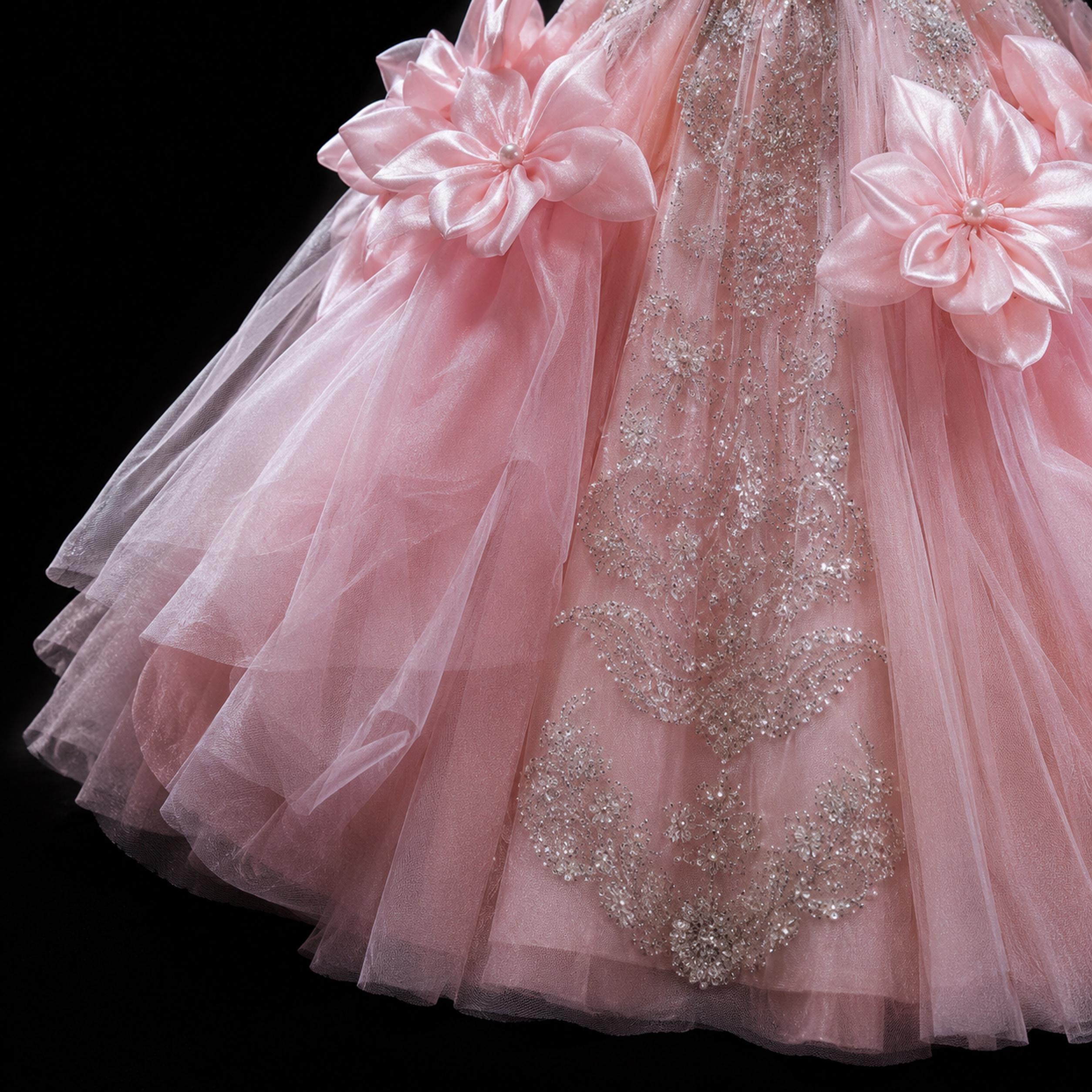 Girls Blush Pink Beaded Satin Petal Ball Gown - Pageant, Flower Girl & Formal Party
