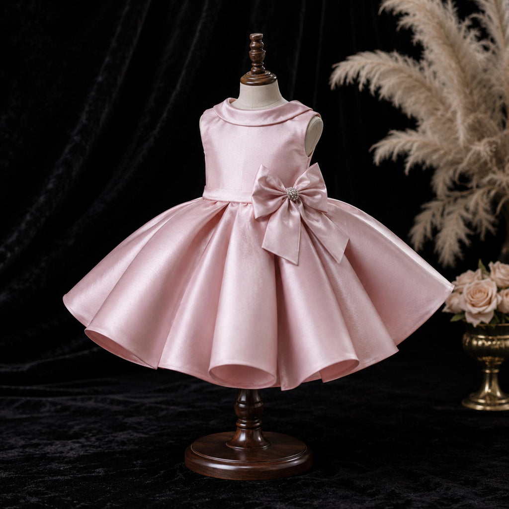 Girls Dusty Blush Satin Pleated Flower Girl Dress with Pearl Bow - Wedding, Birthday & Pageant