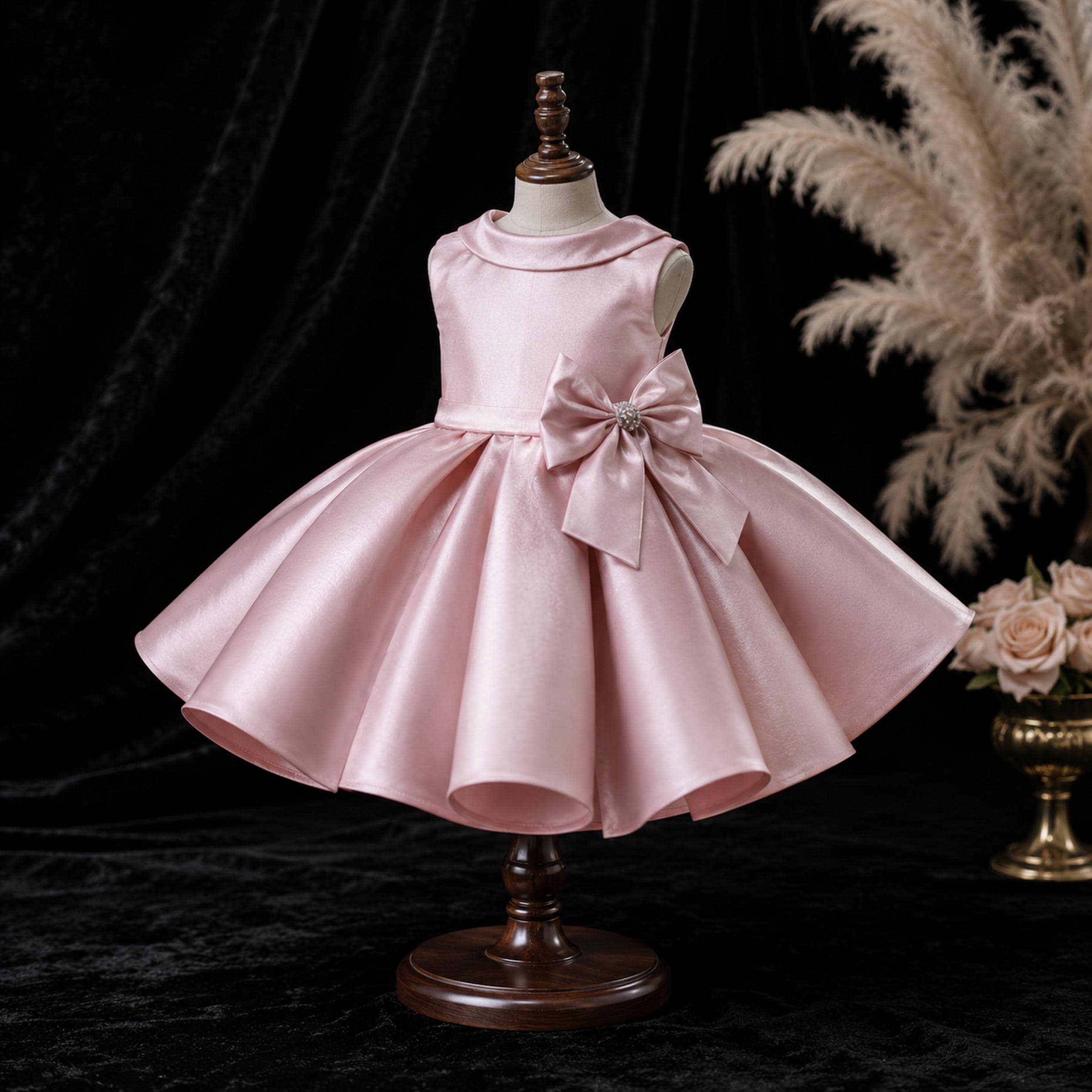 Girls Dusty Blush Satin Pleated Flower Girl Dress with Pearl Bow - Wedding, Birthday & Pageant
