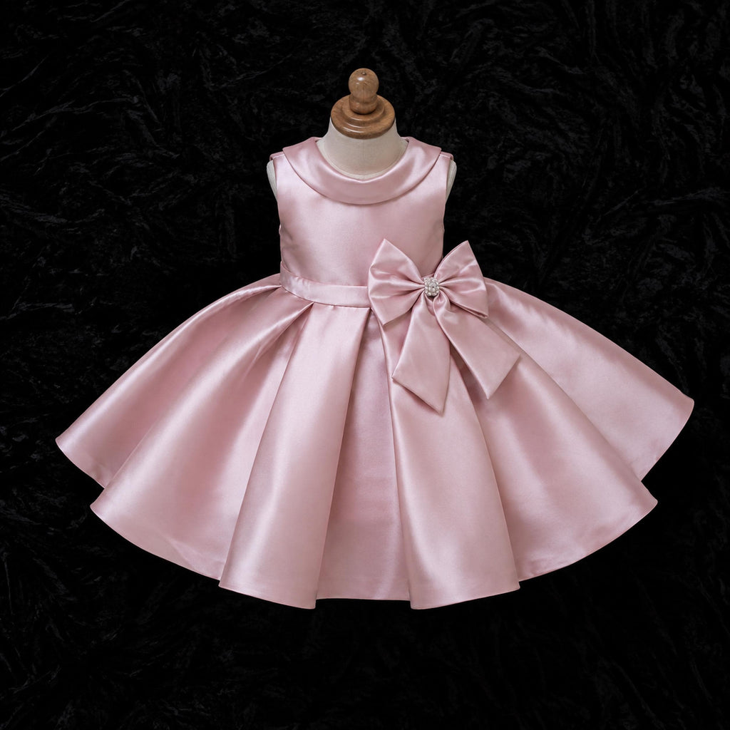 Girls Dusty Blush Satin Pleated Flower Girl Dress with Pearl Bow - Wedding, Birthday & Pageant
