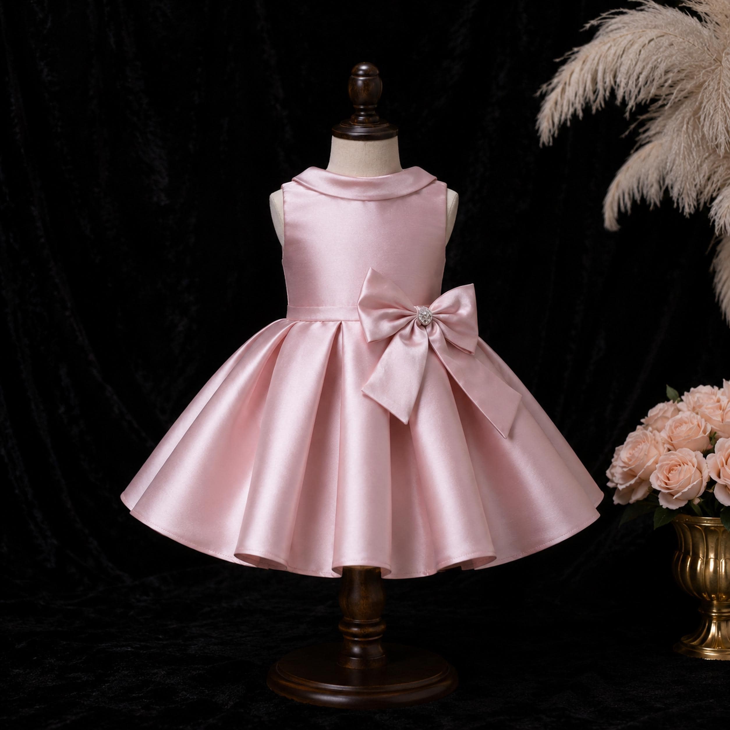 Girls Dusty Blush Satin Pleated Flower Girl Dress with Pearl Bow - Wedding, Birthday & Pageant