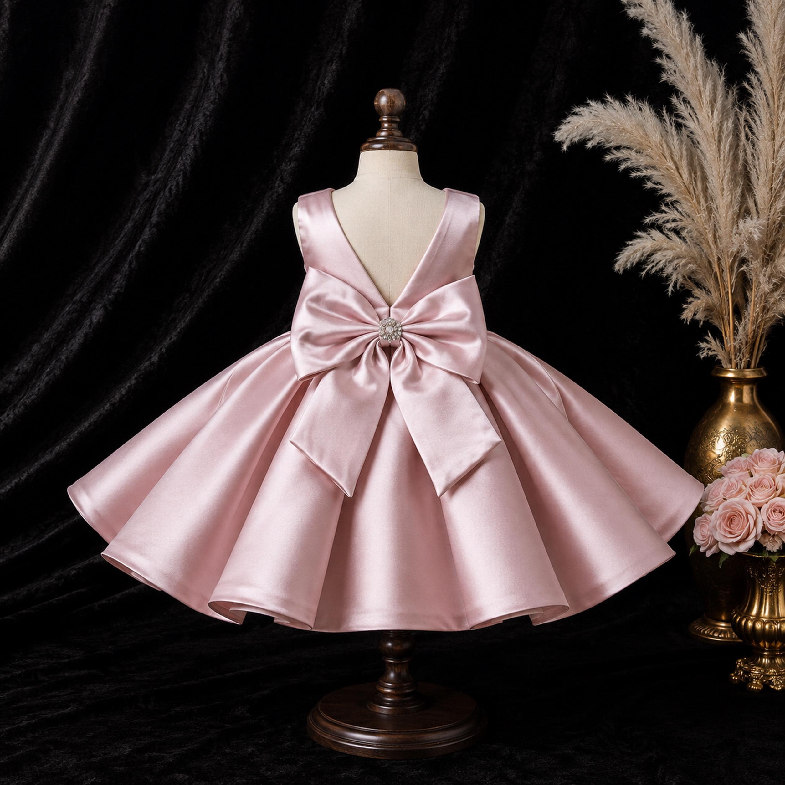 Girls Dusty Blush Satin Pleated Flower Girl Dress with Pearl Bow - Wedding, Birthday & Pageant