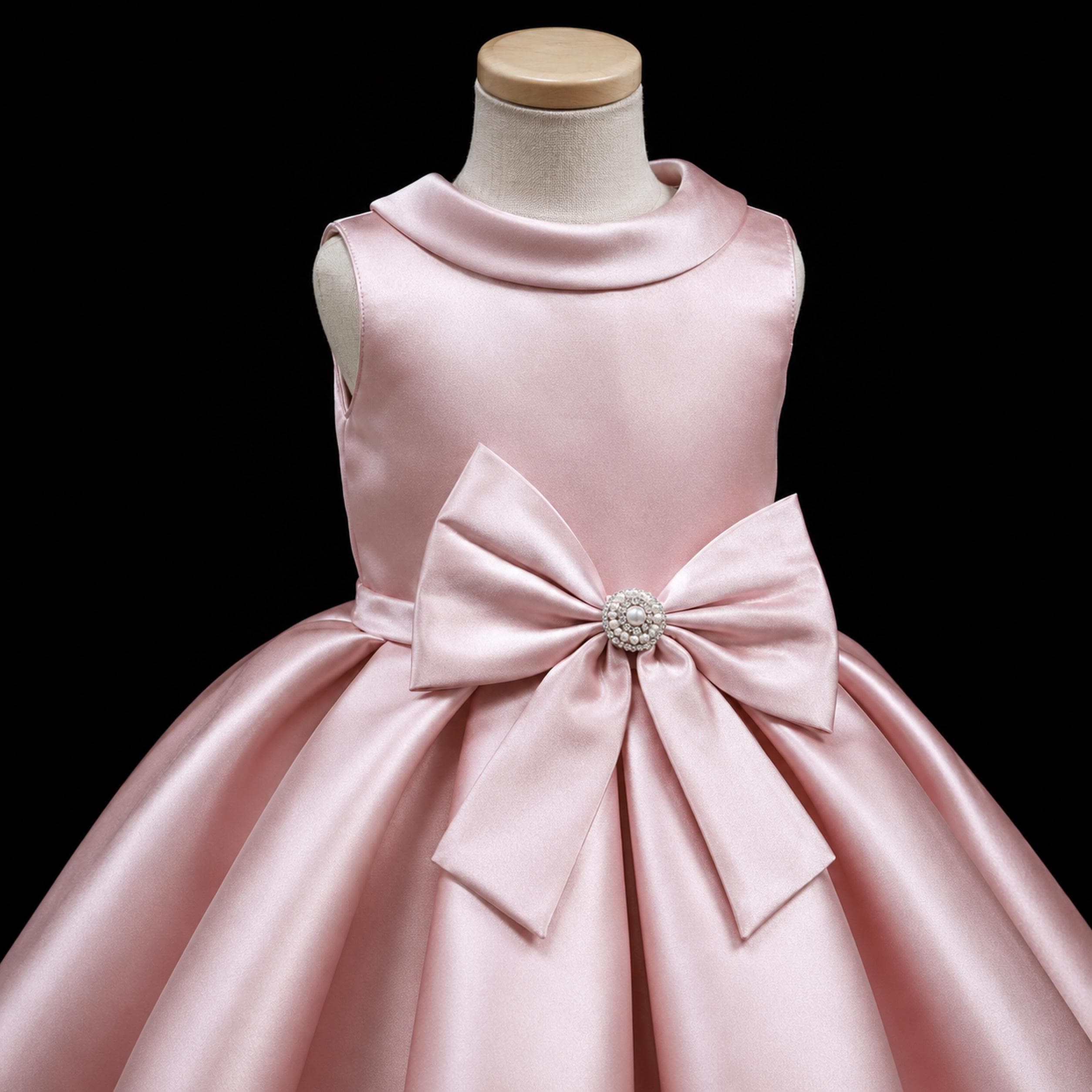 Girls Dusty Blush Satin Pleated Flower Girl Dress with Pearl Bow - Wedding, Birthday & Pageant