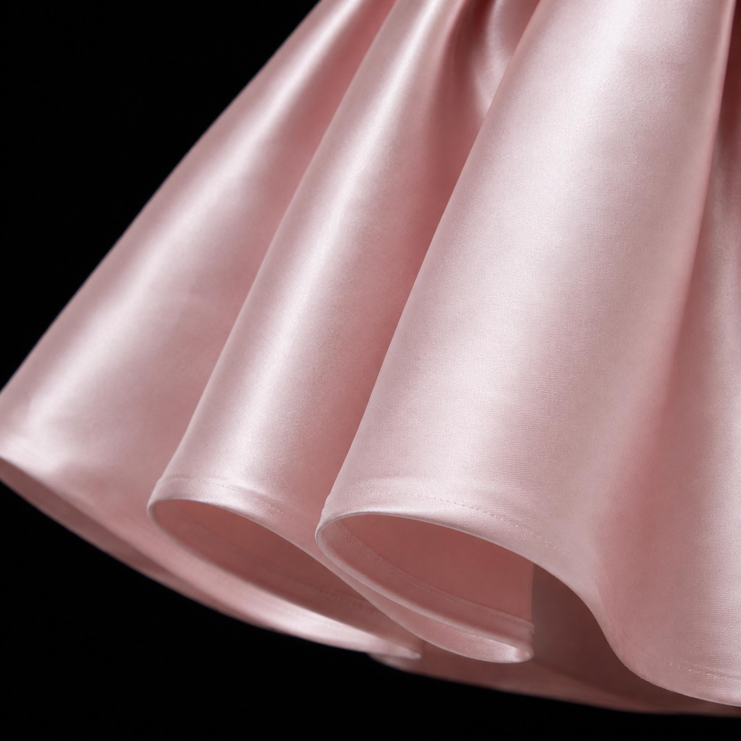Girls Dusty Blush Satin Pleated Flower Girl Dress with Pearl Bow - Wedding, Birthday & Pageant