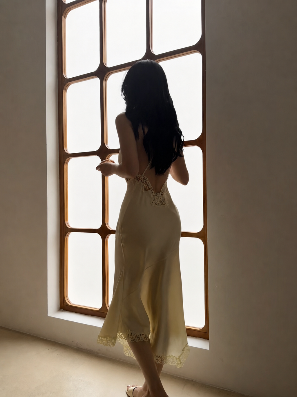 Ivory Lace Trim 100% Mulberry Silk Slip Dress