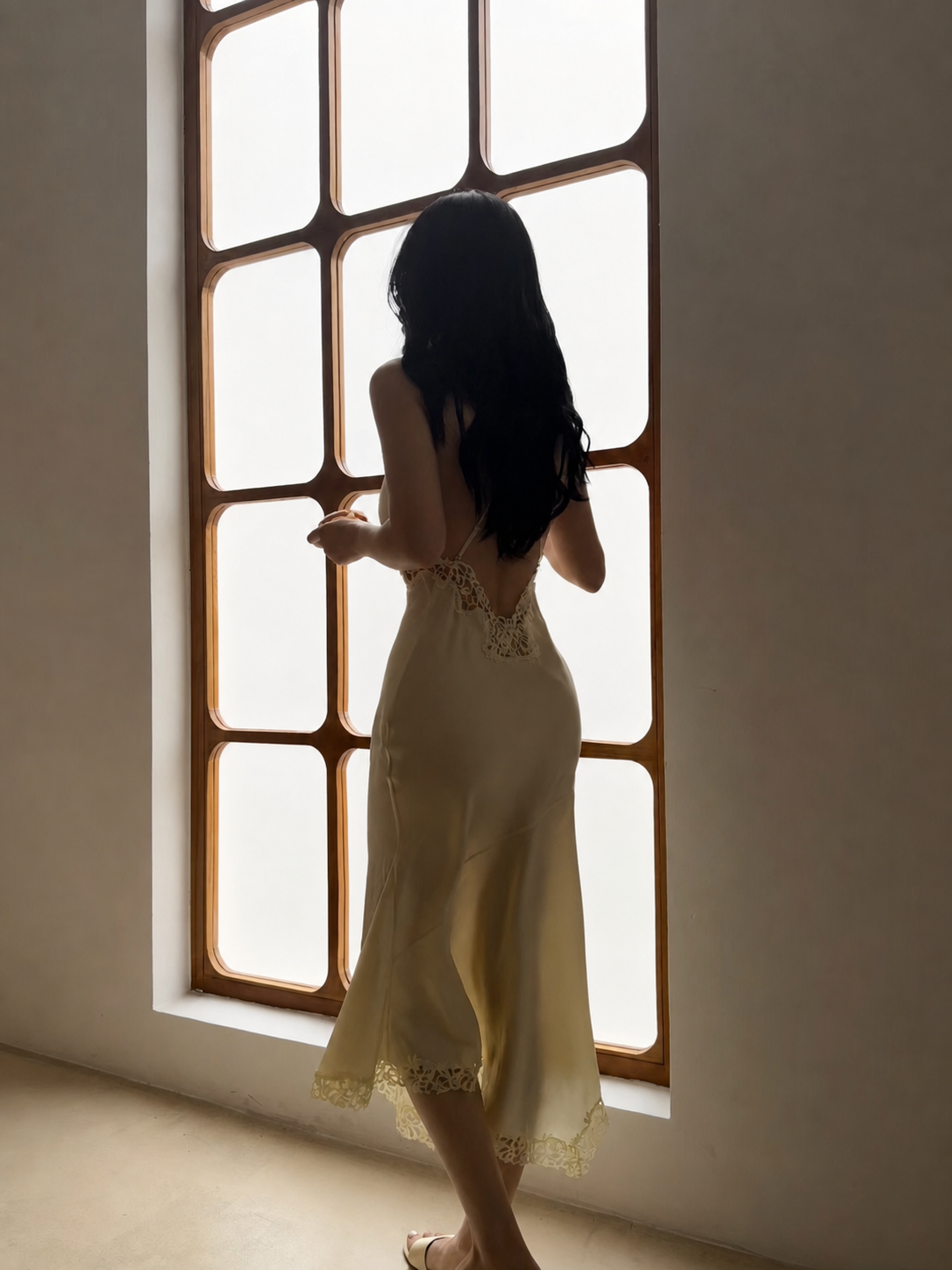 Ivory Lace Trim 100% Mulberry Silk Slip Dress