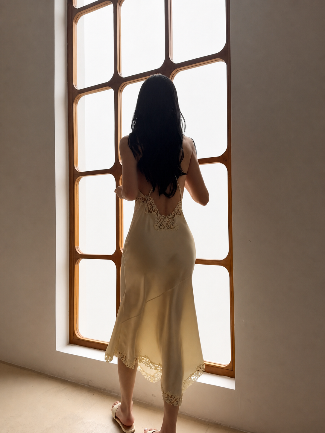 Ivory Lace Trim 100% Mulberry Silk Slip Dress